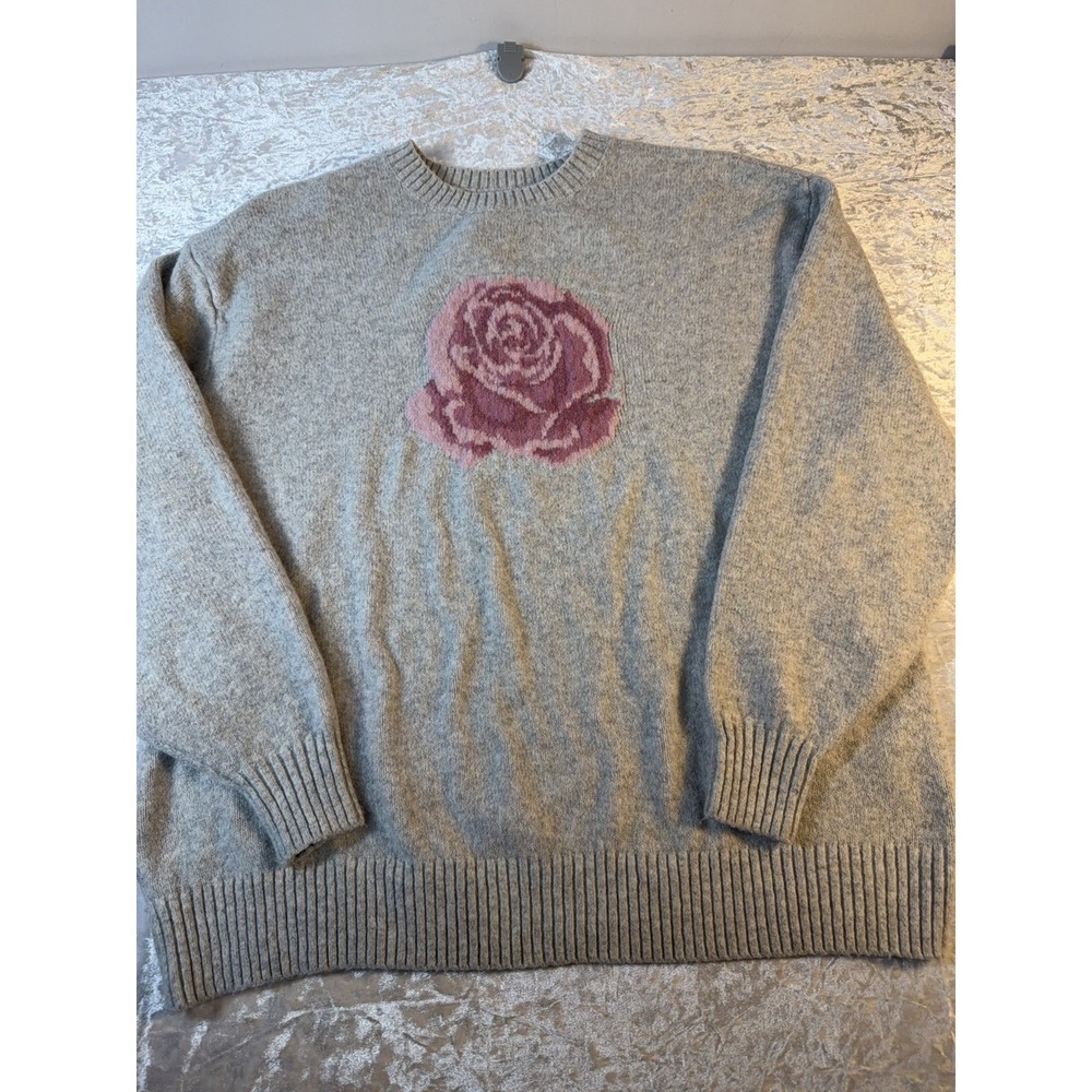 Hollister Comfy Cloud Rose Graphic Sweater Womens M Gray Pink Oversized NWT